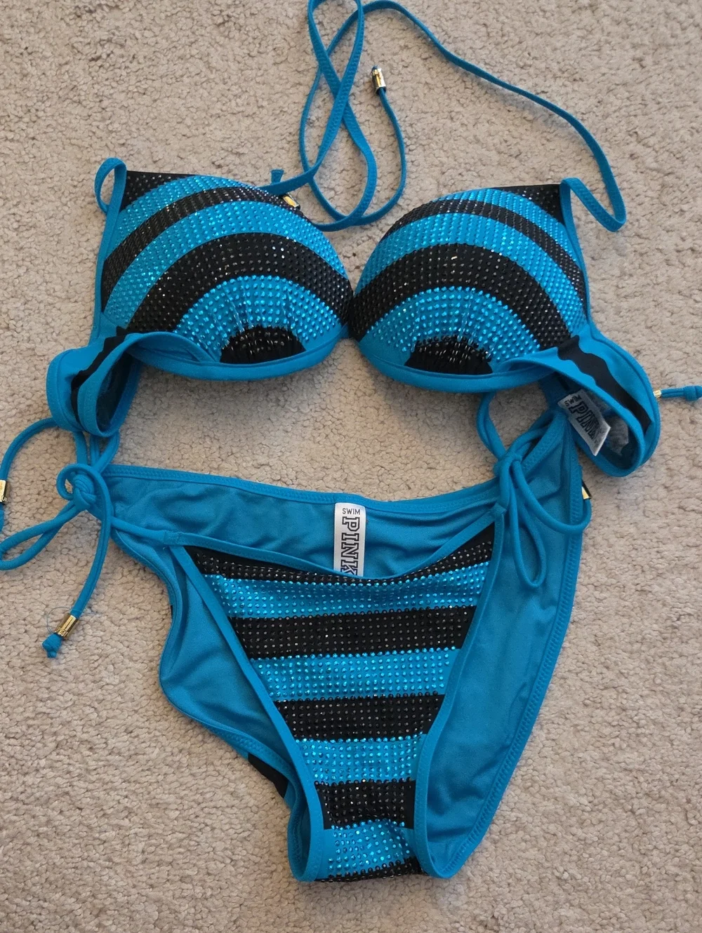 PINK Victoria's Secret Turquoise & Black Striped Rhinestone Push-Up Bikini Set